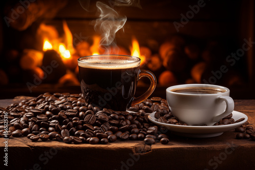 Cup of black coffee with roasted beans and fire in cozy background