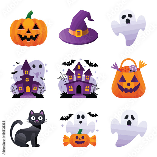 2d vector illustration Halloween t shirt icon design items ghost character Candles in carved pumpkin
