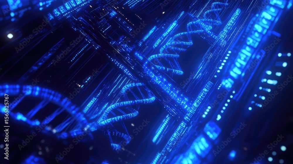 Naklejka premium Sleek digital background with radiant blue DNA structures floating in a tech-inspired space ideal for innovation banners and scientific templates