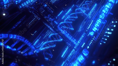 Sleek digital background with radiant blue DNA structures floating in a tech-inspired space ideal for innovation banners and scientific templates