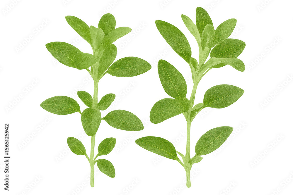 Obraz premium Vibrant marjoram sprigs displaying fresh green leaves and slender stems against transparent backdrop