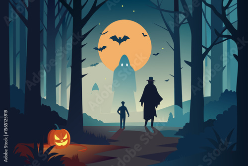 halloween night scene with full moon