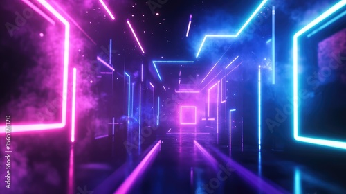 Sleek sci-fi design of luminous blue and purple shapes floating in black background showcasing modern tech style and futuristic elegance