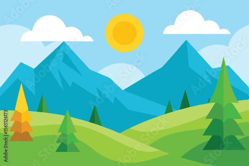 Sunny Mountain Landscape Illustration Green Hills, Blue Peaks, and Bright Sun