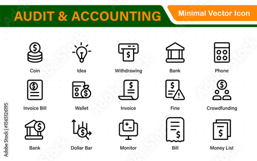 Set of line icons related to accounting, audit, and taxes. Outline icon collection. Business symbols.Income set. Containing money, tax, earnings, payment, paycheck, work, pension, and wages icons.
