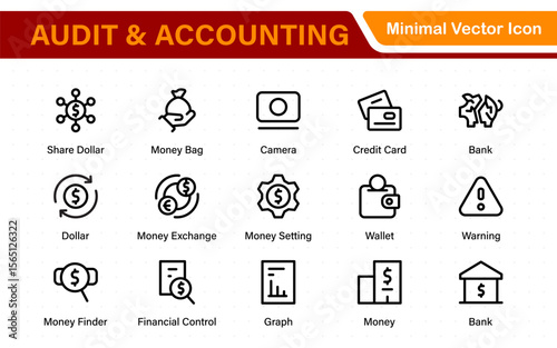 Set of line icons related to accounting, audit, and taxes. Outline icon collection. Business symbols.Income set. Containing money, tax, earnings, payment, paycheck, work, pension, and wages icons.