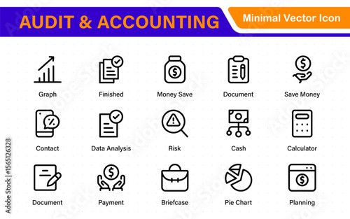 Set of line icons related to accounting, audit, and taxes. Outline icon collection. Business symbols.Income set. Containing money, tax, earnings, payment, paycheck, work, pension, and wages icons.