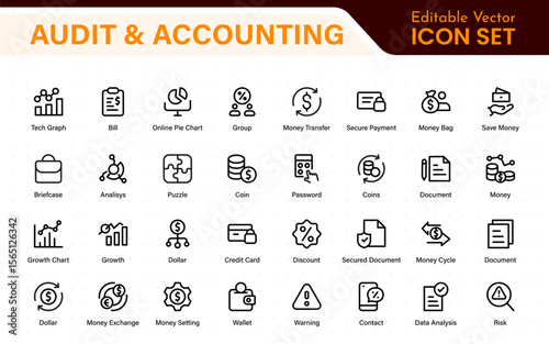 Set of line icons related to accounting, audit, and taxes. Outline icon collection. Business symbols.Income set. Containing money, tax, earnings, payment, paycheck, work, pension, and wages icons.