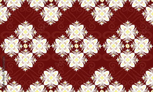 The fabric patterns seamless vector pattern, beautifully arranged floral, with flowers in the center, yellow, while , red background