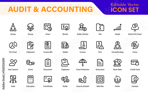 Set of line icons related to accounting, audit, and taxes. Outline icon collection. Business symbols.Income set. Containing money, tax, earnings, payment, paycheck, work, pension, and wages icons.