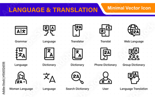 Language and translation web icon set in line style. Language translation, linguistics, speaking, dictionary, listening skills, writing, translate, collection.