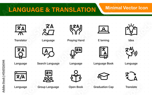 Language and translation web icon set in line style. Language translation, linguistics, speaking, dictionary, listening skills, writing, translate, collection.