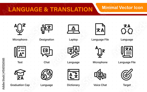 Language and translation web icon set in line style. Language translation, linguistics, speaking, dictionary, listening skills, writing, translate, collection.