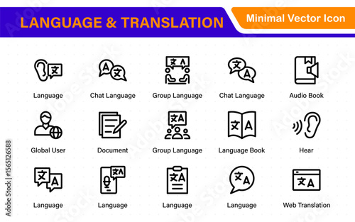 Language and translation web icon set in line style. Language translation, linguistics, speaking, dictionary, listening skills, writing, translate, collection.
