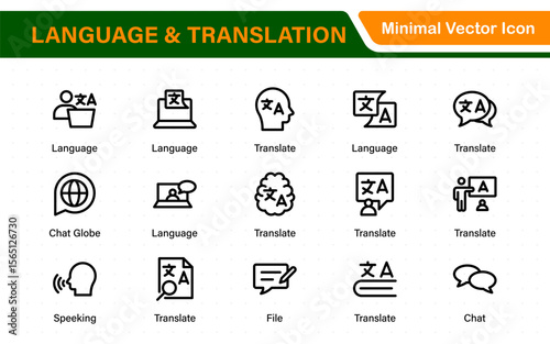 Language and translation web icon set in line style. Language translation, linguistics, speaking, dictionary, listening skills, writing, translate, collection.