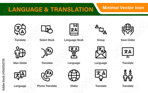 Language and translation web icon set in line style. Language translation, linguistics, speaking, dictionary, listening skills, writing, translate, collection.