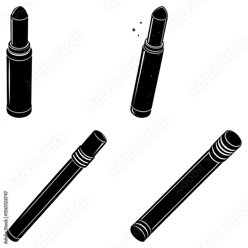 Illustration of two lipsticks and two eyeliners in black and white with simple vector graphics style