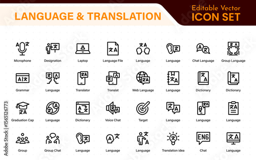 Language and translation web icon set in line style. Language translation, linguistics, speaking, dictionary, listening skills, writing, translate, collection.