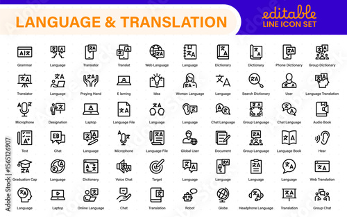 Language and translation web icon set in line style. Language translation, linguistics, speaking, dictionary, listening skills, writing, translate, collection.