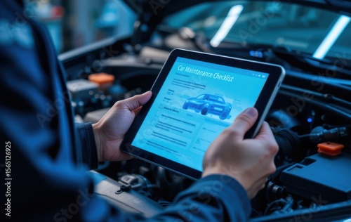 Modern car service with tablet inspection and diagnostics for mechanic