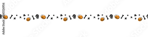 Edging, ribbon, border with skulls, bones, stars. Vector seamless pattern, divider, ornament, decorative element, decoration for Halloween in hand drawn, flat style isolated.