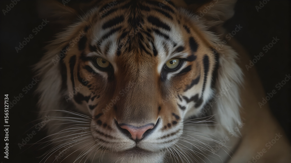 Fototapeta premium A close-up shot of a tiger's intense face in soft lighting with a dark background.