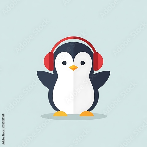 Cute Penguin with Red Headphones Listening to Music Vector Illustration.