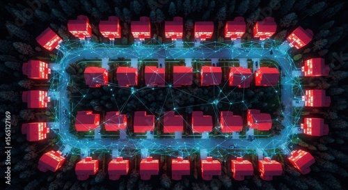 Illuminated Suburban Houses Connected by Digital Network