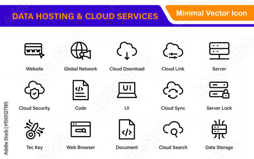 Data hosting and cloud services icons. Linear style icon bundle.Outline icon collection.