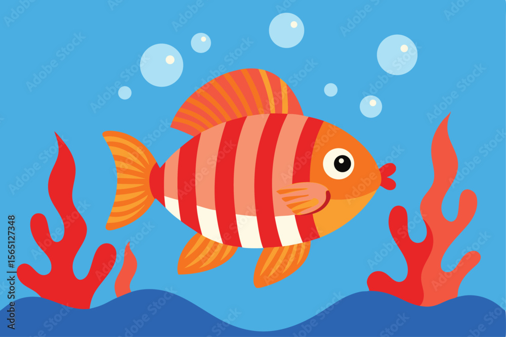 Fototapeta premium Vibrant Orange and White Striped Fish in Ocean Scene
