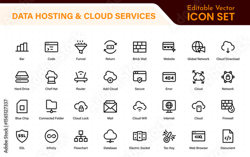 Data hosting and cloud services icons. Linear style icon bundle.Outline icon collection.
