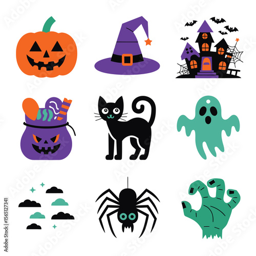 2d vector illustration Halloween t shirt icon design items ghost character Candles in carved pumpkin
