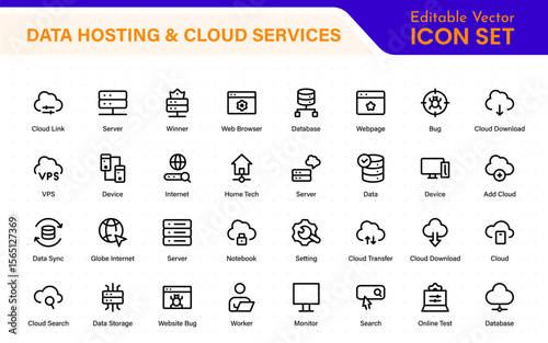 Data hosting and cloud services icons. Linear style icon bundle.Outline icon collection.