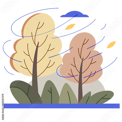 Windy autumn trees with falling leaves flat illustration
