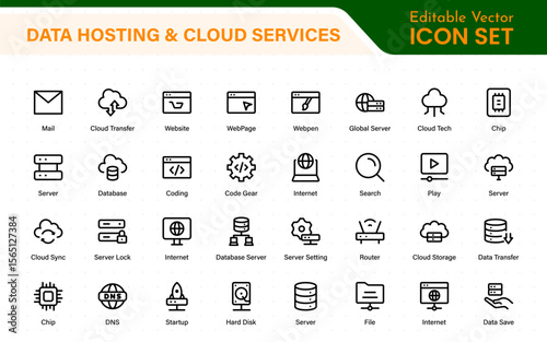 Data hosting and cloud services icons. Linear style icon bundle.Outline icon collection.