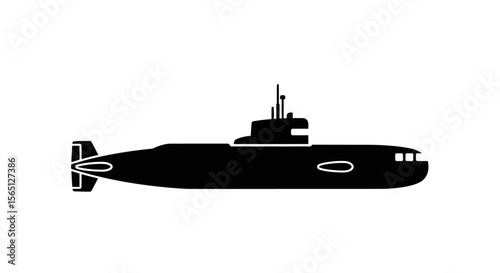 A military submarine silhouette, isolated on white, a vessel of war and sea transportation