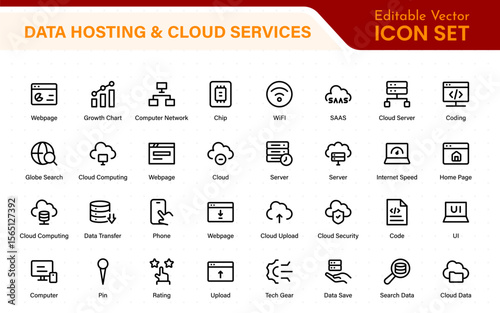 Data hosting and cloud services icons. Linear style icon bundle.Outline icon collection.