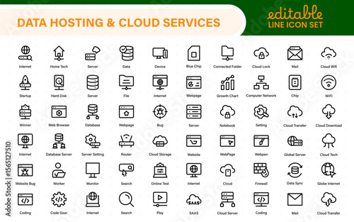 Data hosting and cloud services icons. Linear style icon bundle.Outline icon collection.