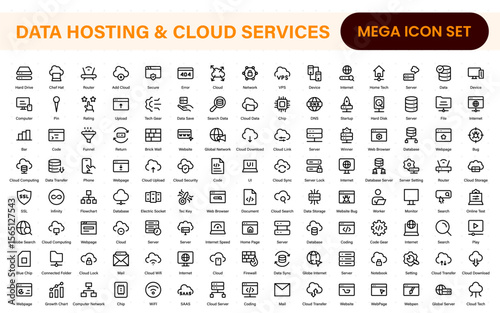 Data hosting and cloud services icons. Linear style icon bundle.Outline icon collection.