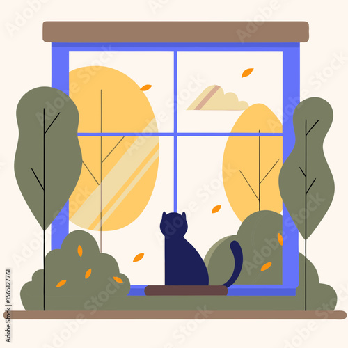 Cat sitting on windowsill looking at autumn trees flat illustration