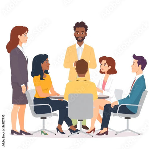 A group of seven team members are conducting interviews. One person is standing while the rest are seated, listening attentively.