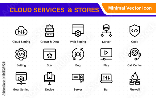 Cloud services and web hosting icons Set. Linear style icon bundle.Outline icon collection.