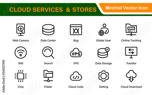 Cloud services and web hosting icons Set. Linear style icon bundle.Outline icon collection.