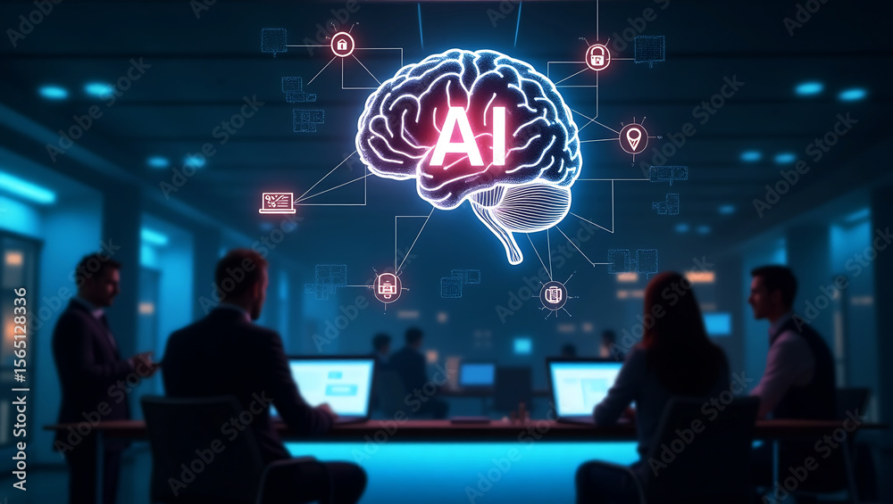 Obraz premium Team collaborating on artificial intelligence advancements in a modern office with glowing brain and network icons symbolizing data and connectivity