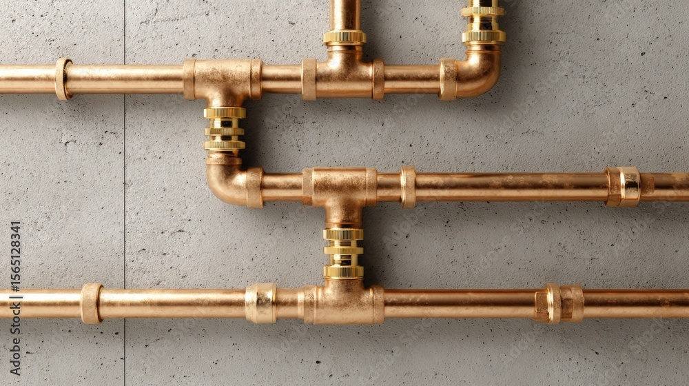 Fototapeta premium Copper plumbing pipes connected with fittings against a gray concrete wall, showcasing industrial and modern pipework.