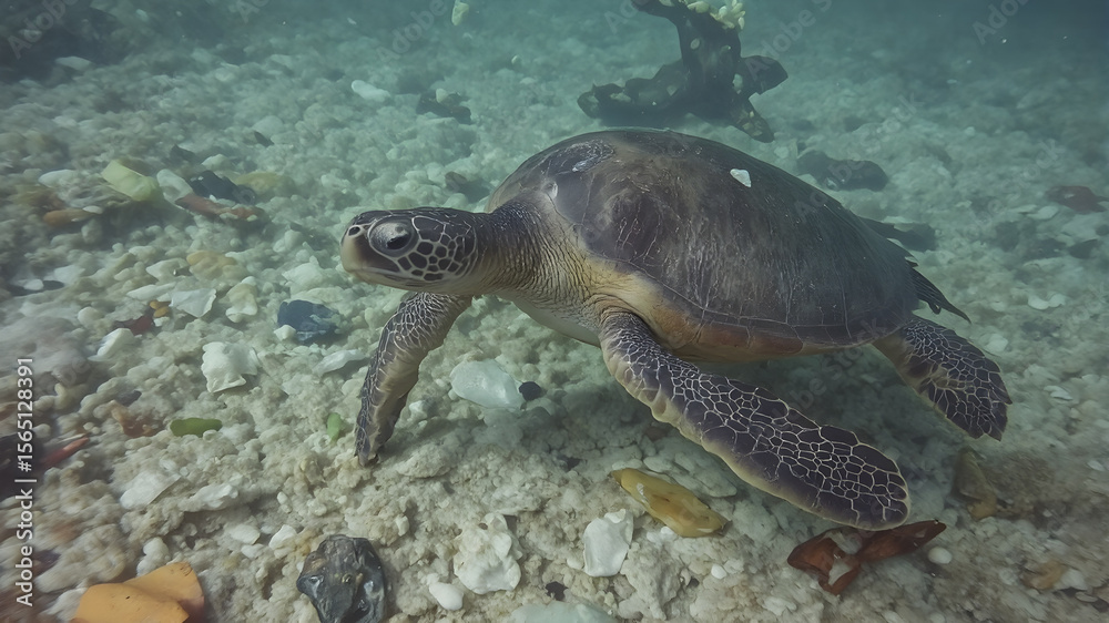 Fototapeta premium A sea turtle gracefully swims above a coral reef in crystal-clear water.