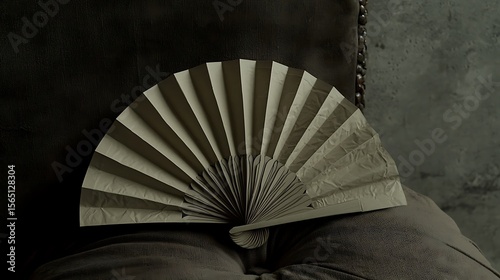 Simple interior space where a folded paper fan rests still on a zabuton cushion during a windless, quiet afternoon