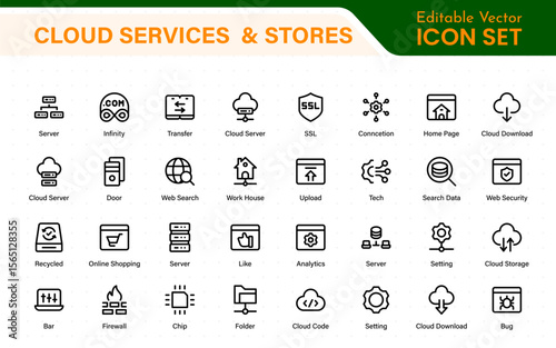 Cloud services and web hosting icons Set. Linear style icon bundle.Outline icon collection.