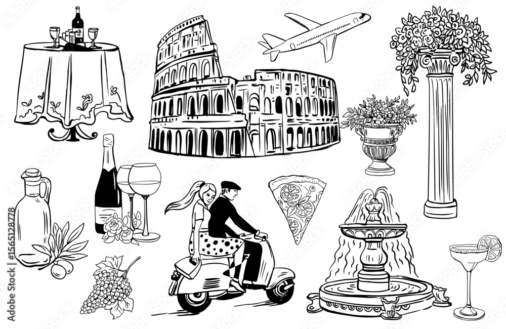 Naklejka premium Romantic Rome Travel Elements – Hand Drawn Italian Landmarks and Food.Linear Illustrations of Italian Vacation Symbols