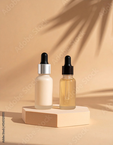 Minimal Cosmetic Serum Bottle on Pedestal with Soft Warm Light